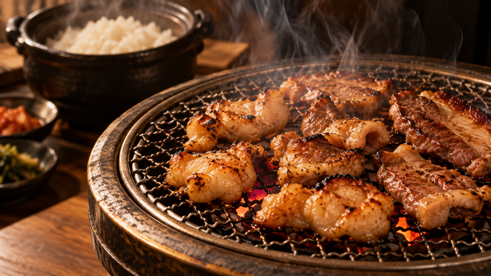 香ばしく焼けたホルモンと土鍋ごはんのイメージ